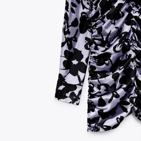 NWT Zara black & lilac floral print satin effect ruched dress, L - Picture 14 of 16